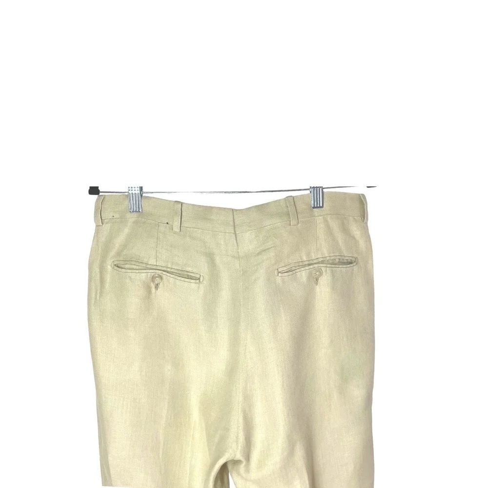 Harold Powell Mens 33x28 Beige 100% Linen Herringbone Pleated Cuffed Pants Italy